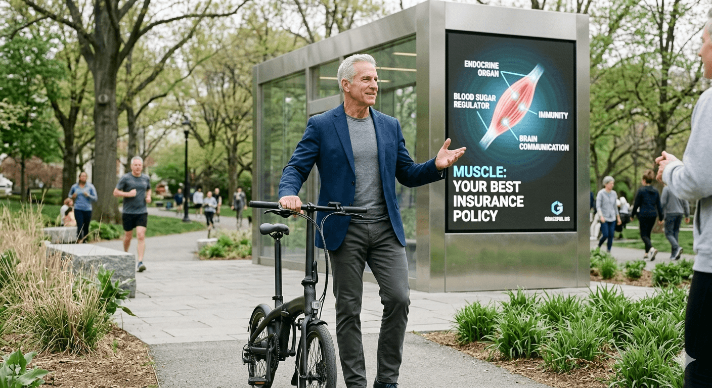 Smiling man walking his bike past a digital display in a city park that reads "Muscle: Your Best Insurance Policy"